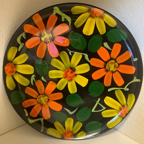 Vintage 1960s Japan MCM Round 13" Tray / Platter Hand Painted Flower Power - Picture 4 of 7
